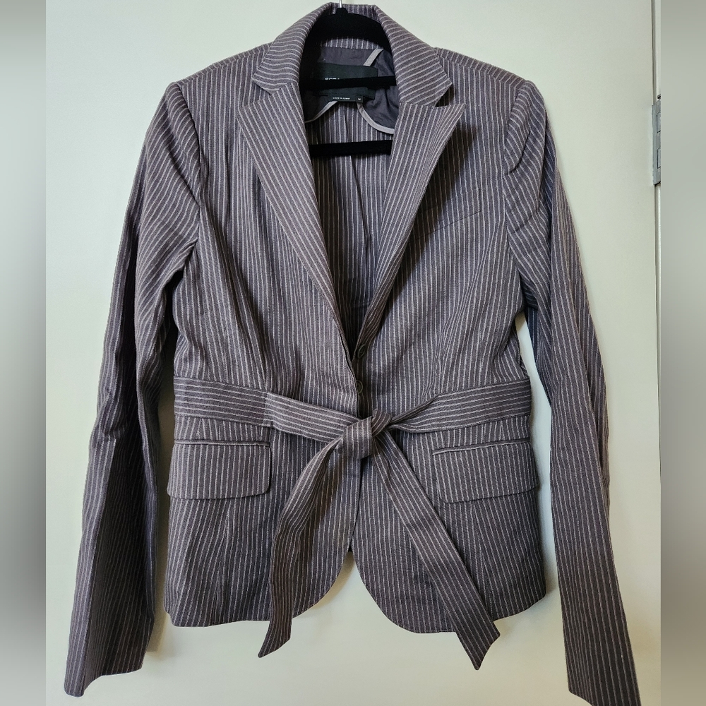 BCBGMAXAZRIA Gray Pinstripe Belted Linen Blend Blazer Jacket Medium